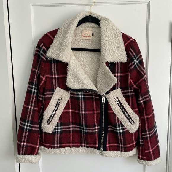 NWOT Native Rose Plaid Jacket Faux Shearling Moto Jacket - Picture 1 of 7